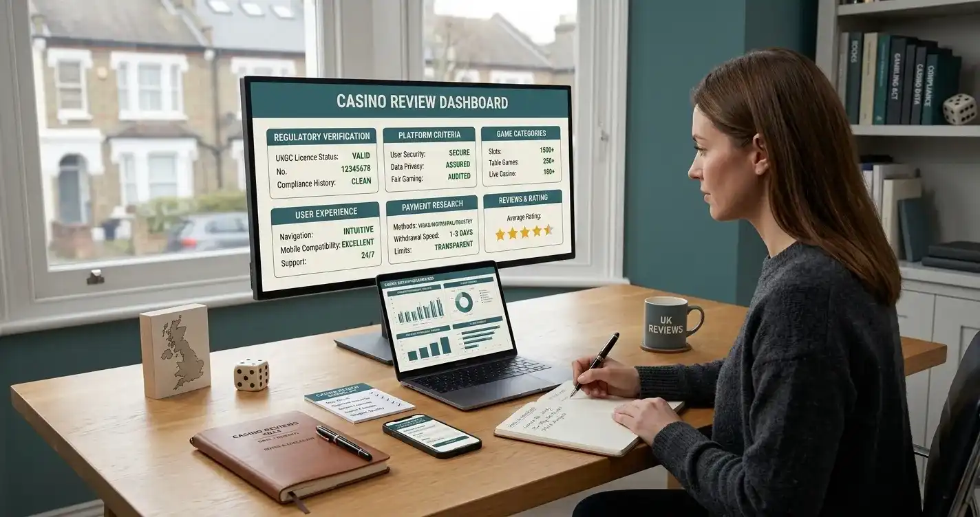 Editorial illustration of an online casino review dashboard with a UK-focused compliance checklist