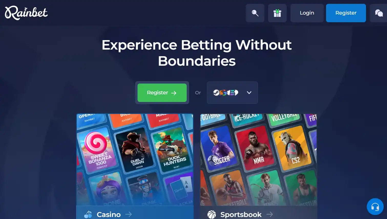 Rainbet homepage and casino navigation