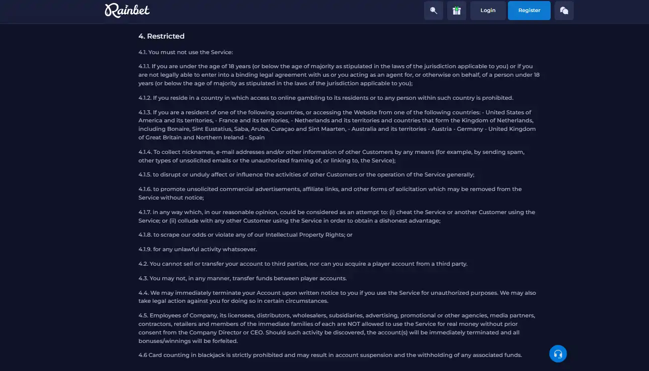 Rainbet Terms section listing the United Kingdom as a restricted jurisdiction