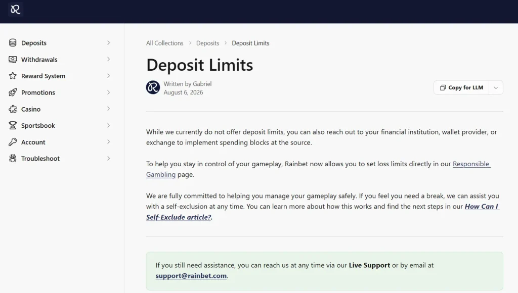 Rainbet responsible gambling help page showing loss-limit and deposit-limit information