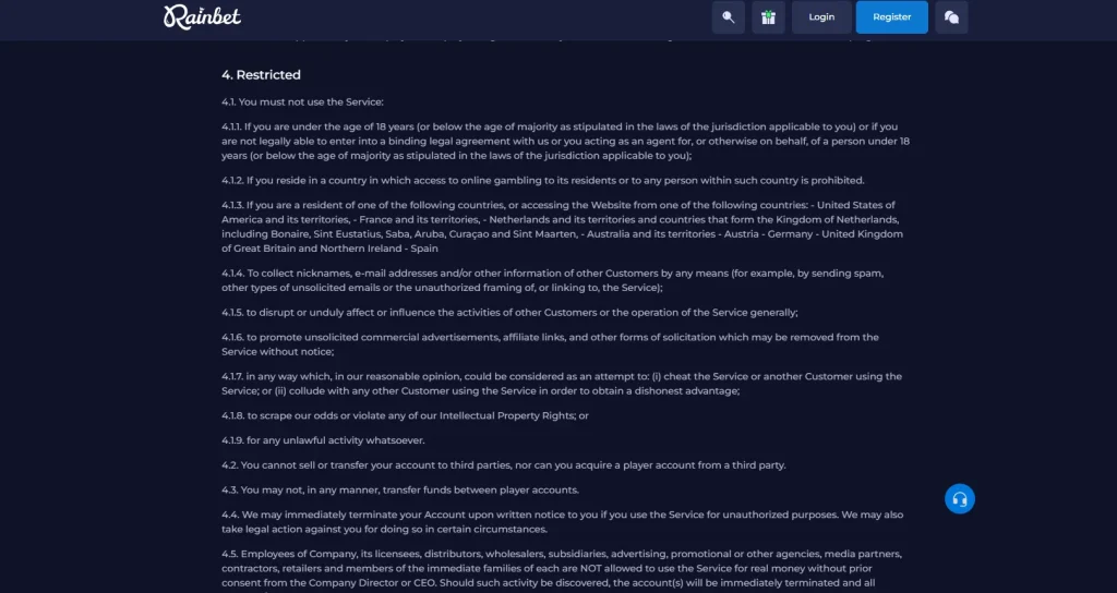 Rainbet Terms showing the United Kingdom in the restricted-country clause