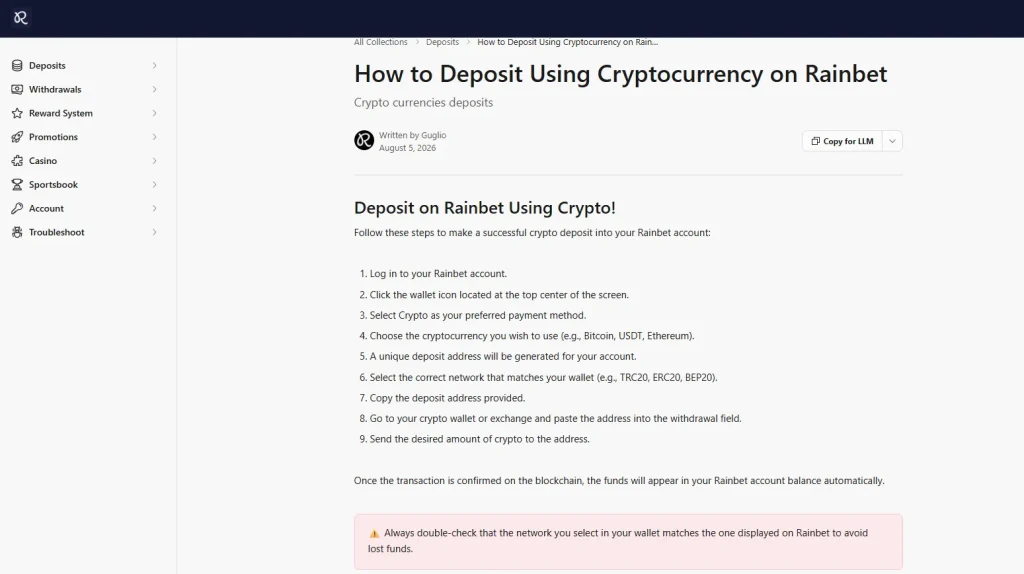 Rainbet cryptocurrency payment help article