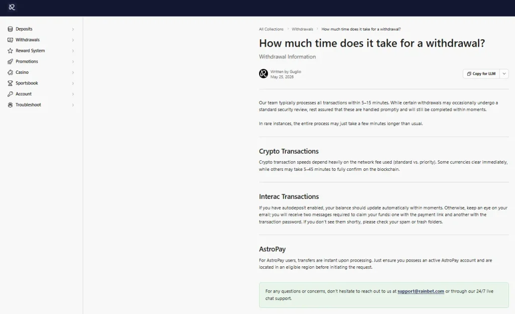 Rainbet cryptocurrency payment help article