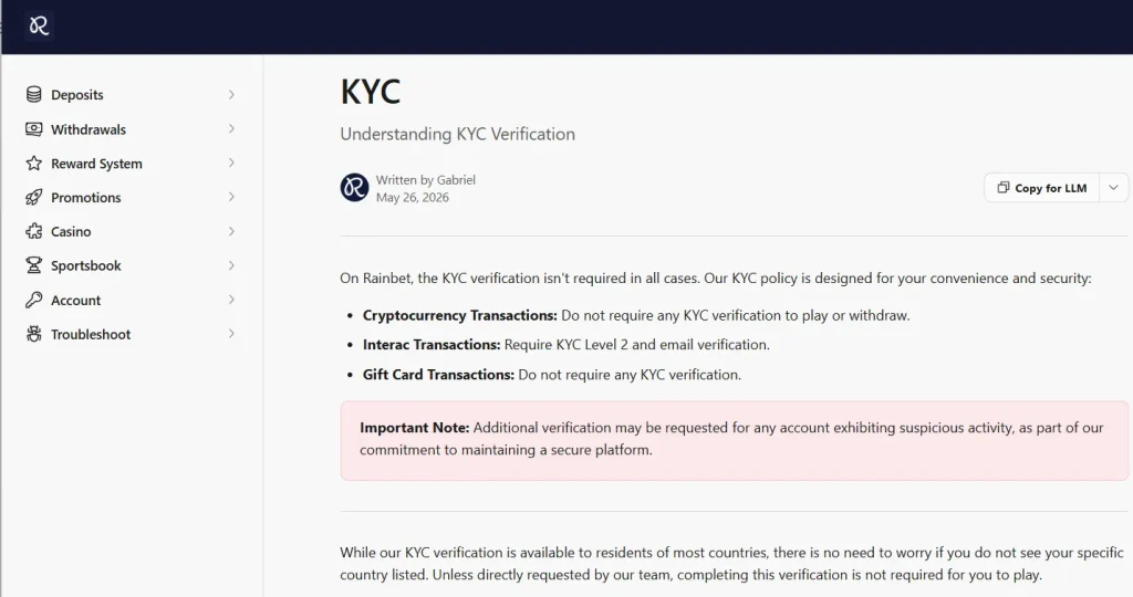 Rainbet KYC help article