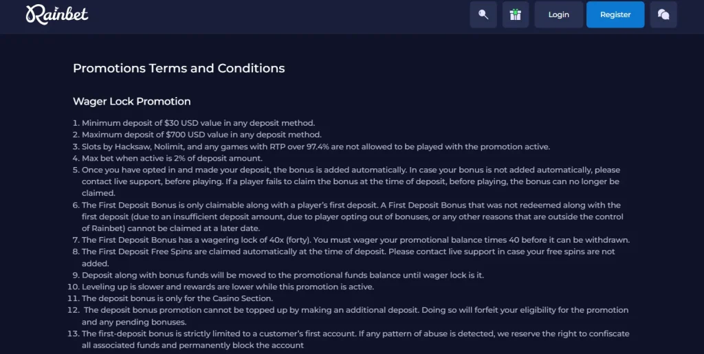 Rainbet first-deposit promotion terms