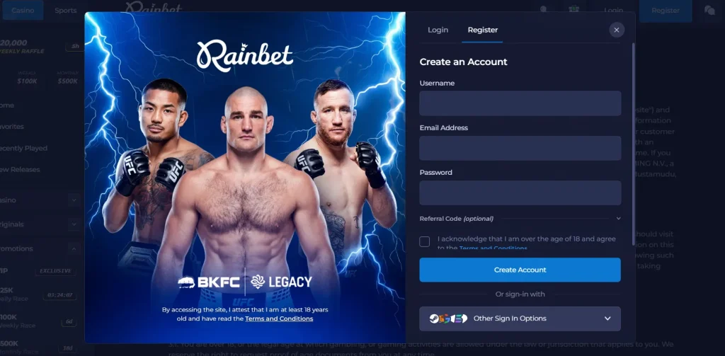Rainbet registration interface