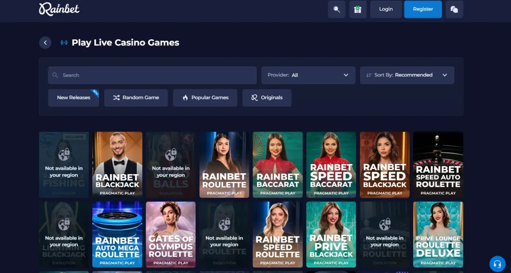 Rainbet live casino lobby
